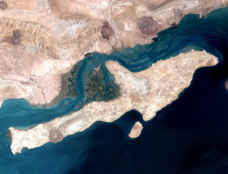 Qeshm Island in the Strait of Hormuz, Iran. This image is a combination of two images acquired by the Enhanced Thematic Mapper on NASA’s Landsat 7 satellite